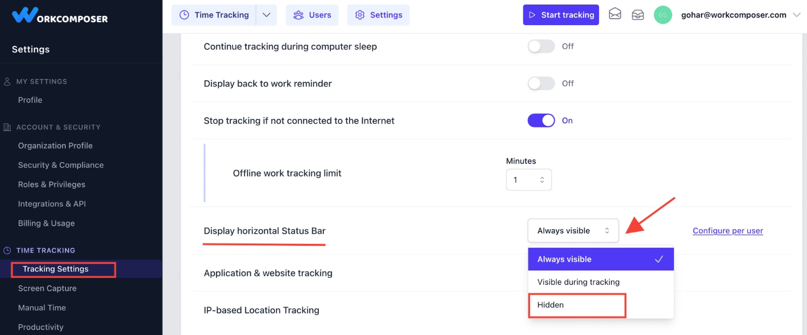 WorkComposer settings showing option to disable the horizontal tracking indicator bar