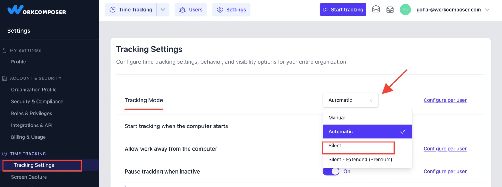 WorkComposer Organization Settings showing Silent Mode option