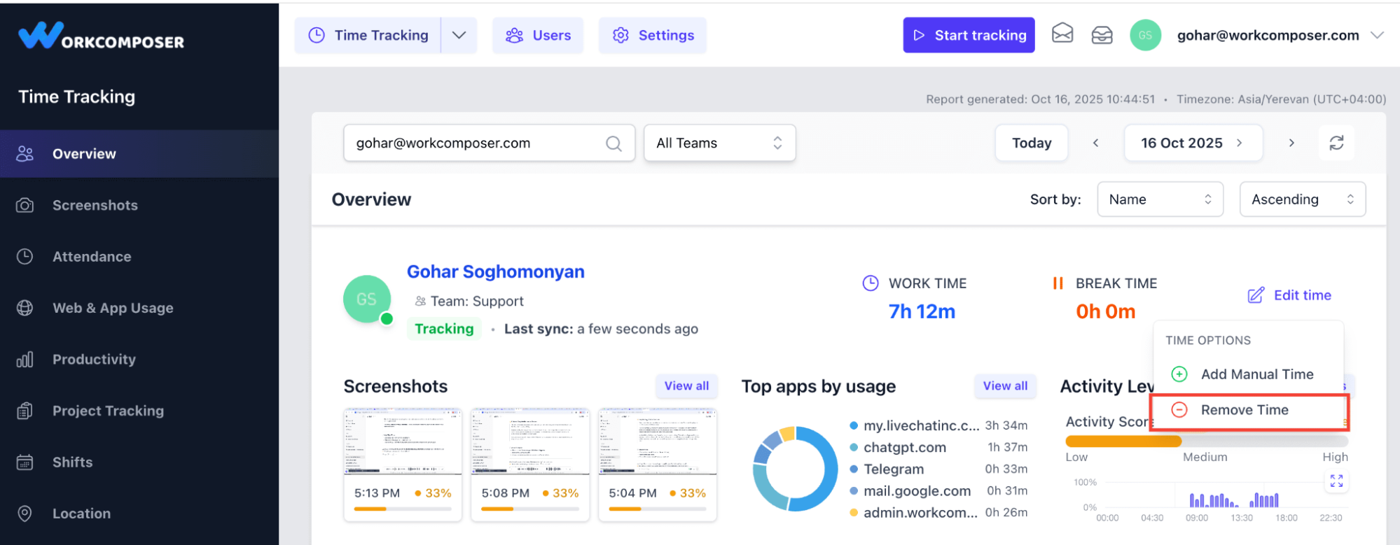Edit Time dropdown menu showing Add Manual Time and Remove Time options