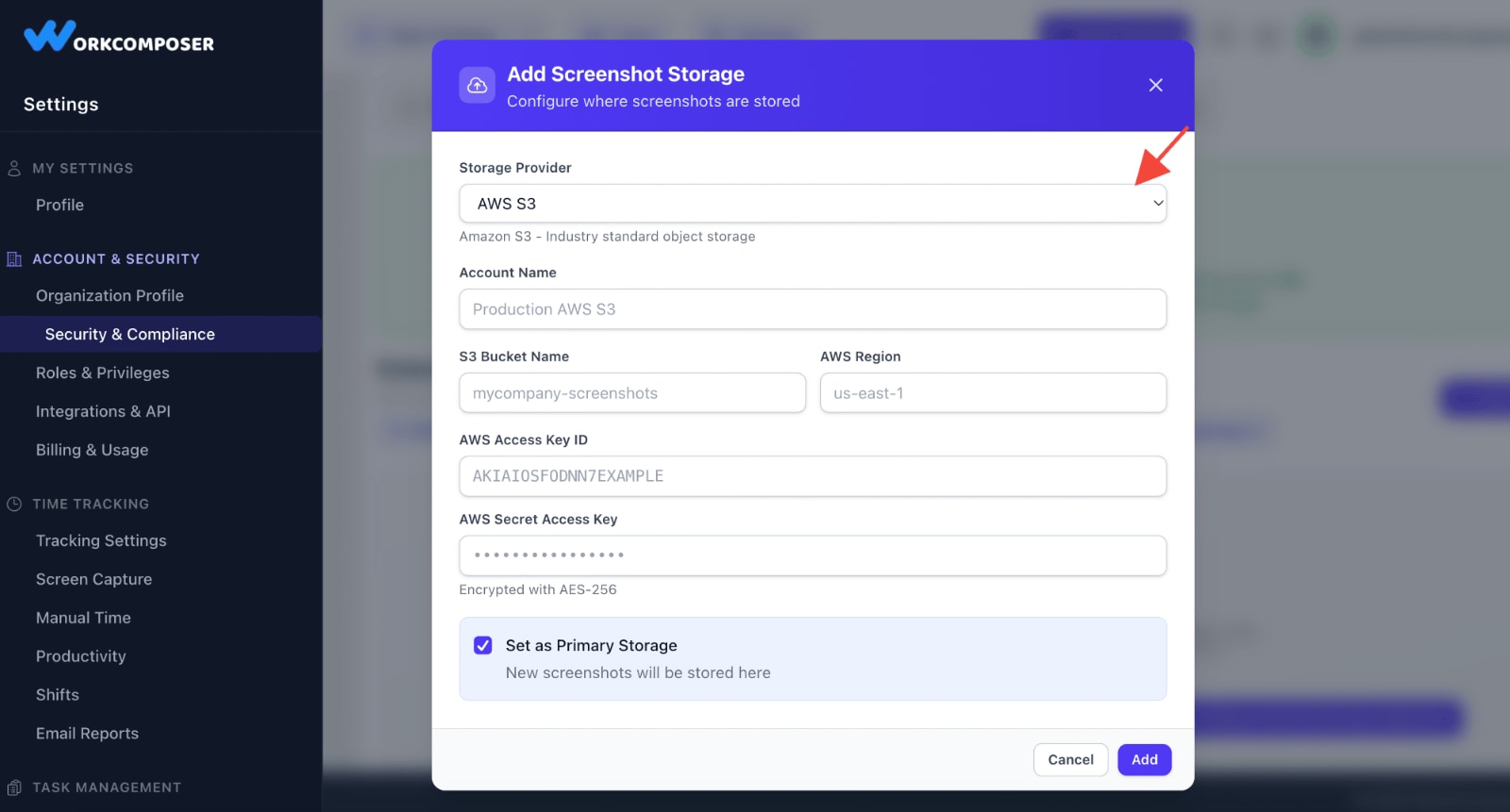 WorkComposer External Storage Configuration Dialog showing AWS S3 and SFTP options