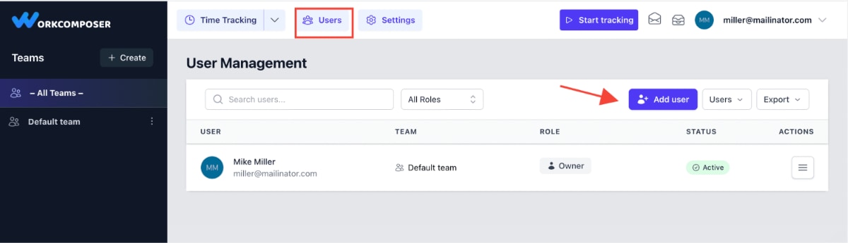 WorkComposer Users page with Add User button highlighted