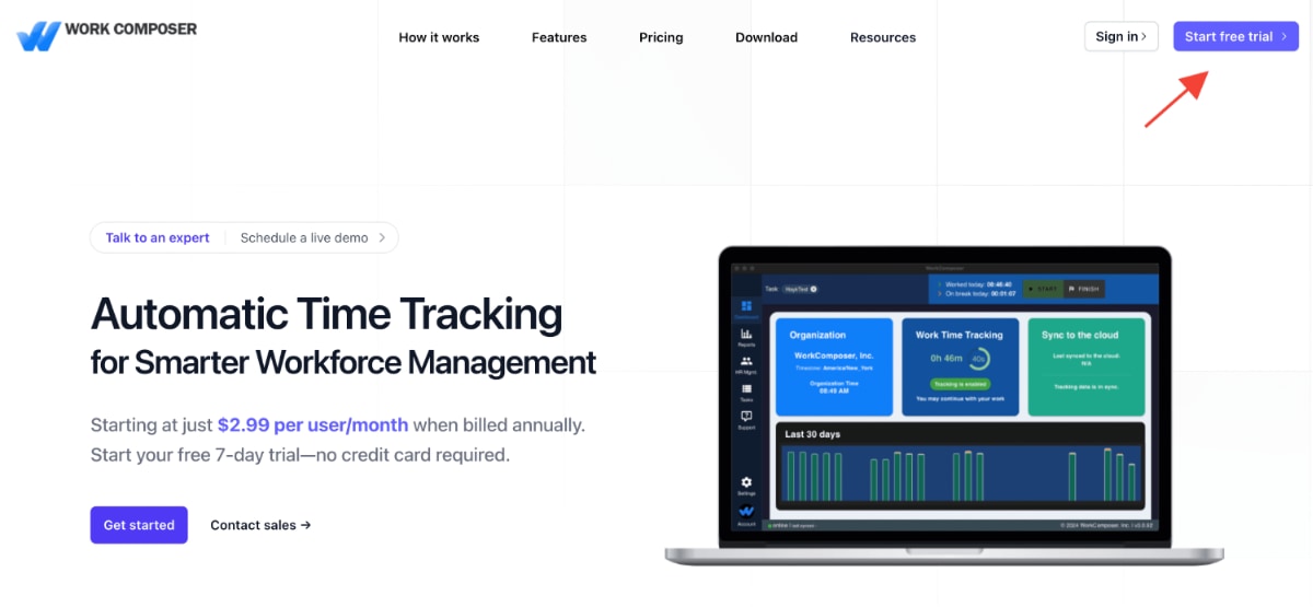 WorkComposer homepage showing the Start Free Trial button
