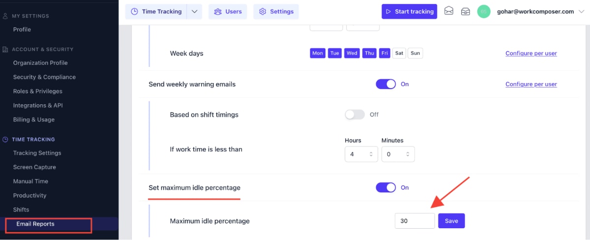WorkComposer maximum idle percentage settings interface