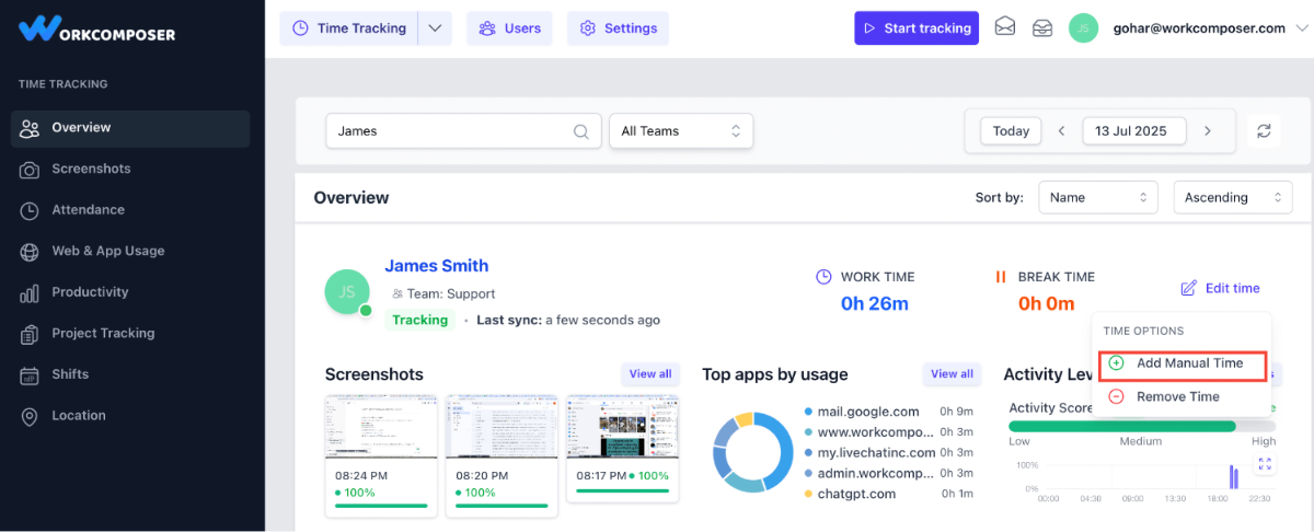 WorkComposer Edit Time dropdown menu showing Add Manual Time option