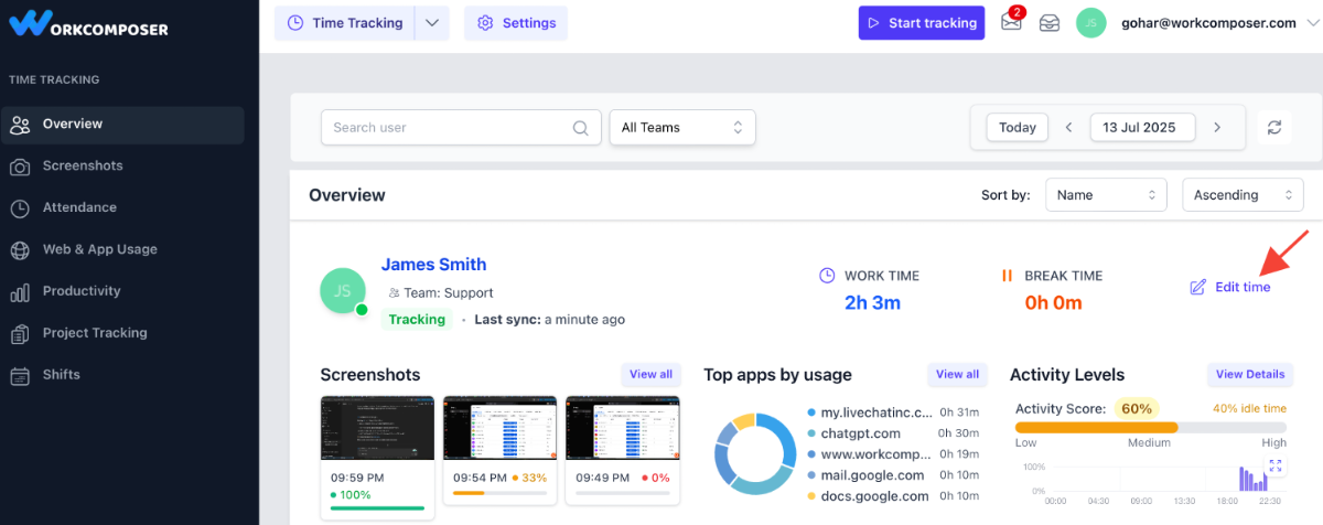 Overview report showing Edit Time button with arrow indicator