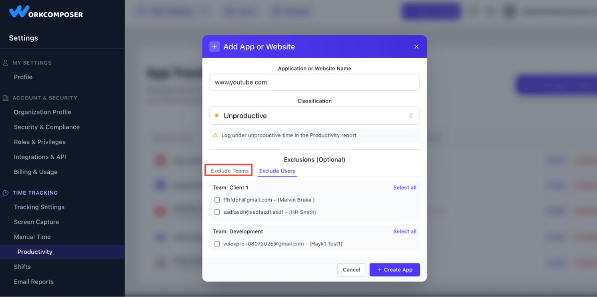 WorkComposer team exclusion settings showing how to exclude specific teams from app monitoring