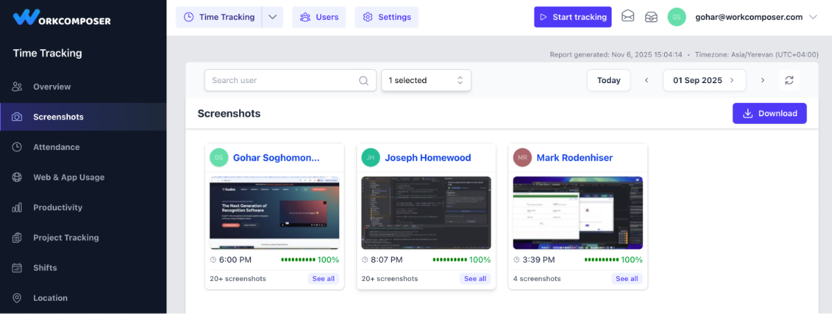 Screenshots Report displaying captured work screens with timestamps