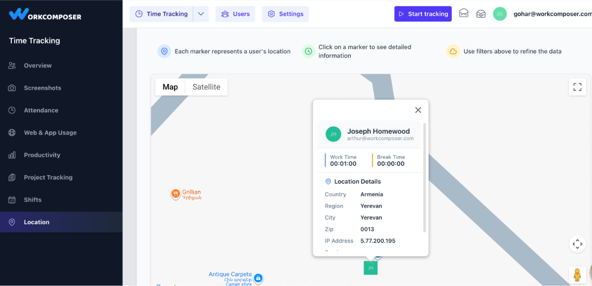 Location Report displaying employee work locations based on IP addresses