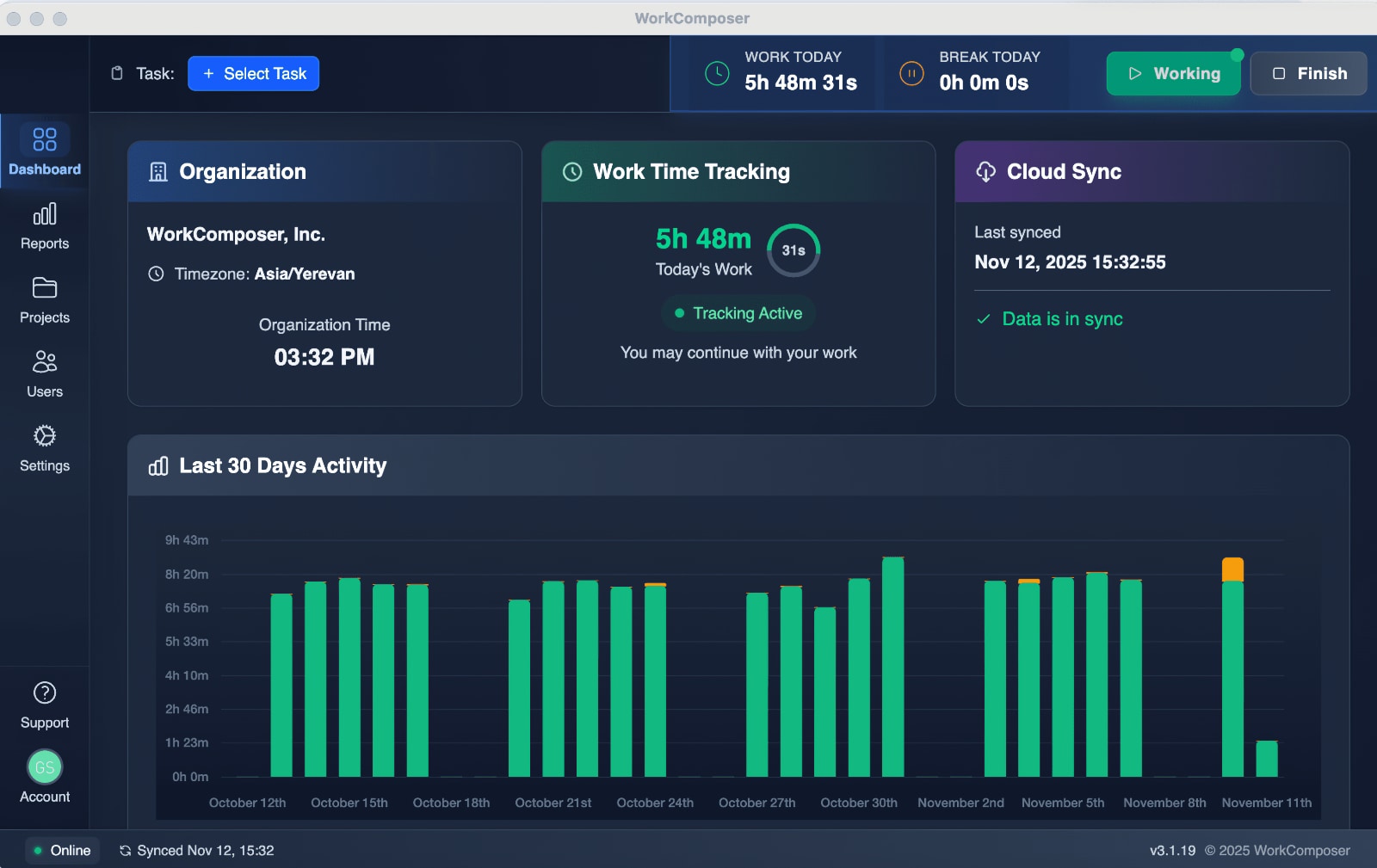 WorkComposer Desktop Application showing time tracking and screenshot monitoring features
