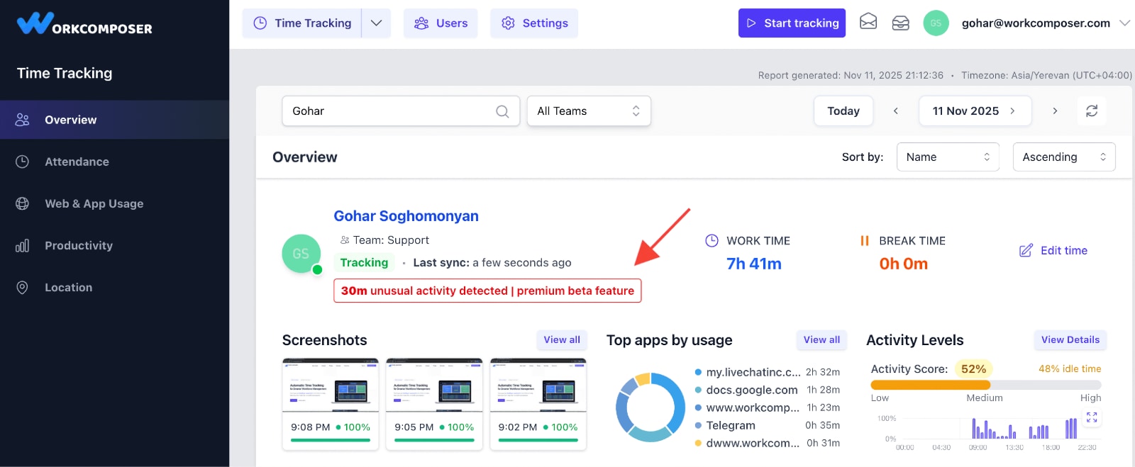 Red Unusual Activity alert shown beneath user name in WorkComposer Overview report