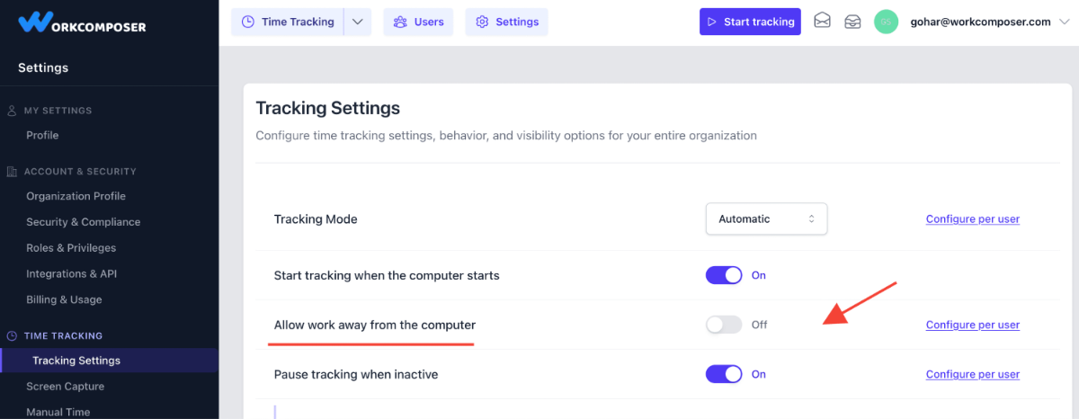 WorkComposer admin settings showing the Work Away from Computer toggle option
